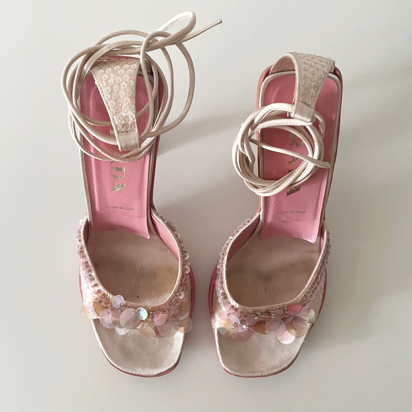 Prada 1999 Pink Sequin Strappy Sandal Heels