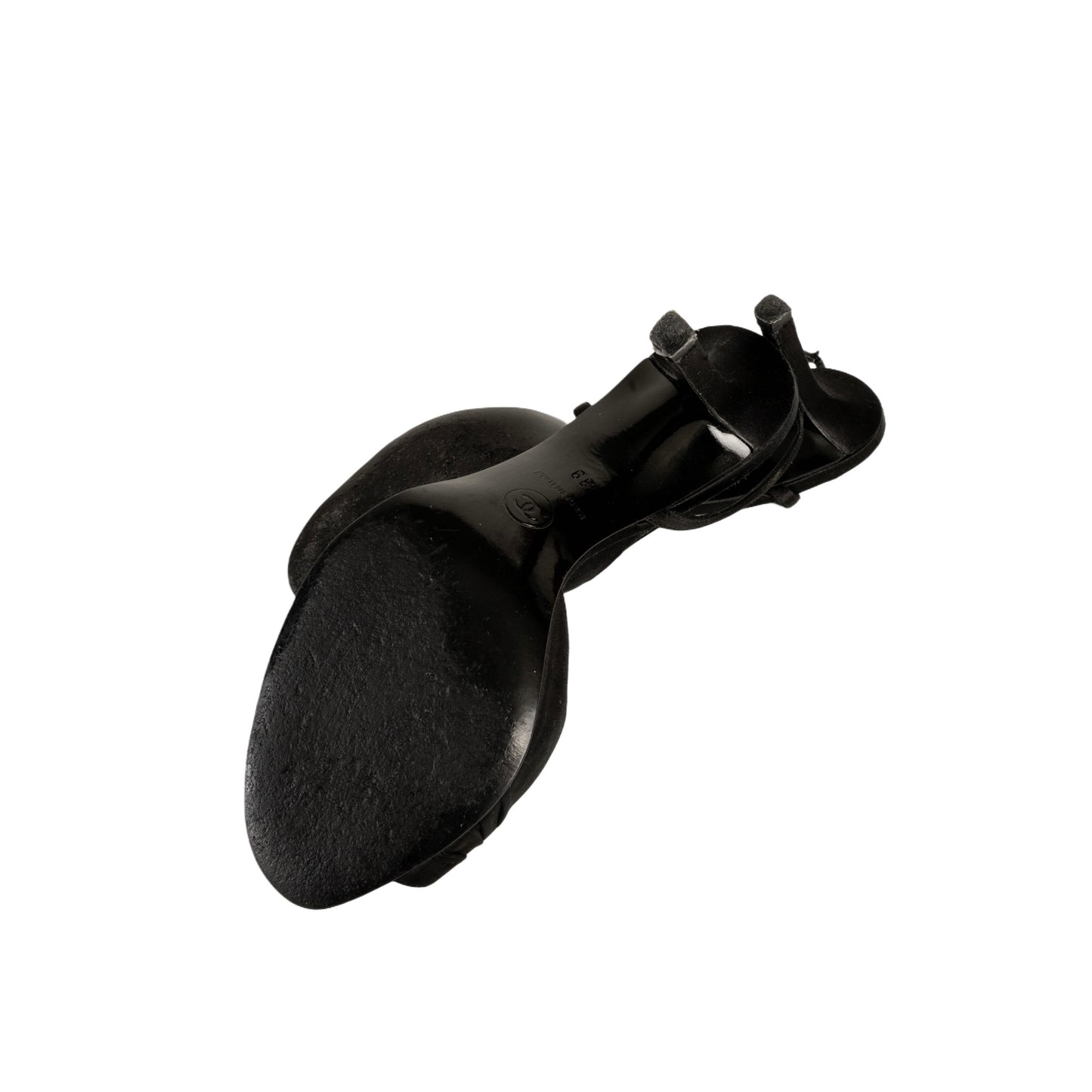 CHANEL 2005 “CC” Pearl Embellished Black Satin Slingback Heels