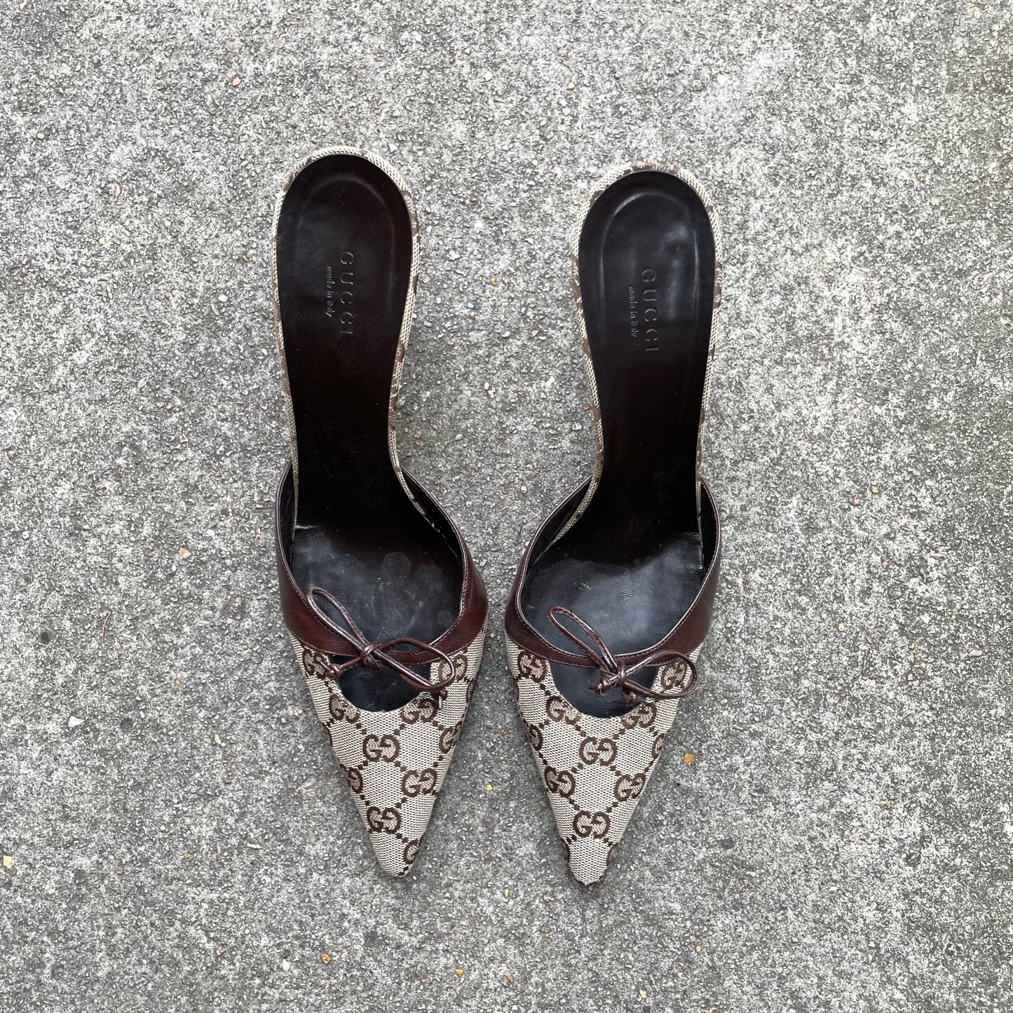 Gucci “GG” Monogram Canvas Beige & Brown Mule Heels
