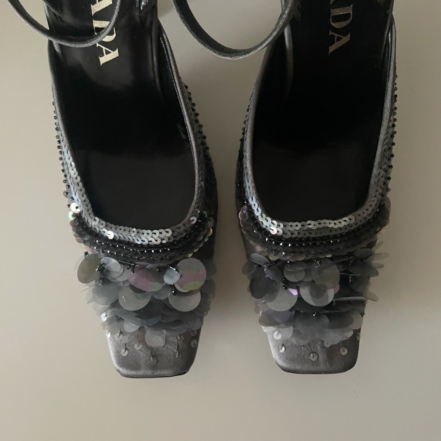 Prada F/W 1999 Grey Silver Sequin Raso Luce Pailettes Satin Ankle Strap Heels