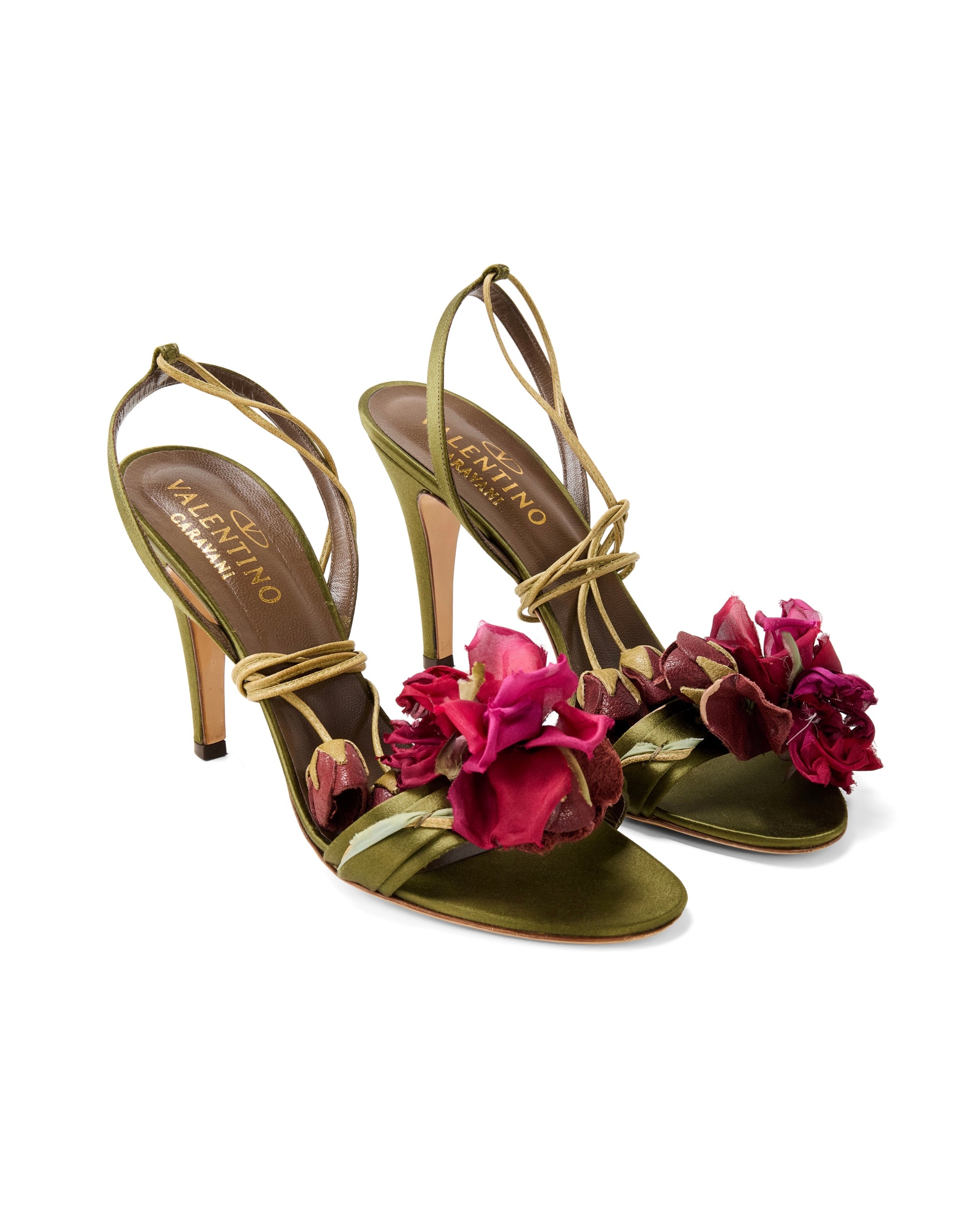 Green Satin Pink Floral Rosebud Appliqué Strappy Heels