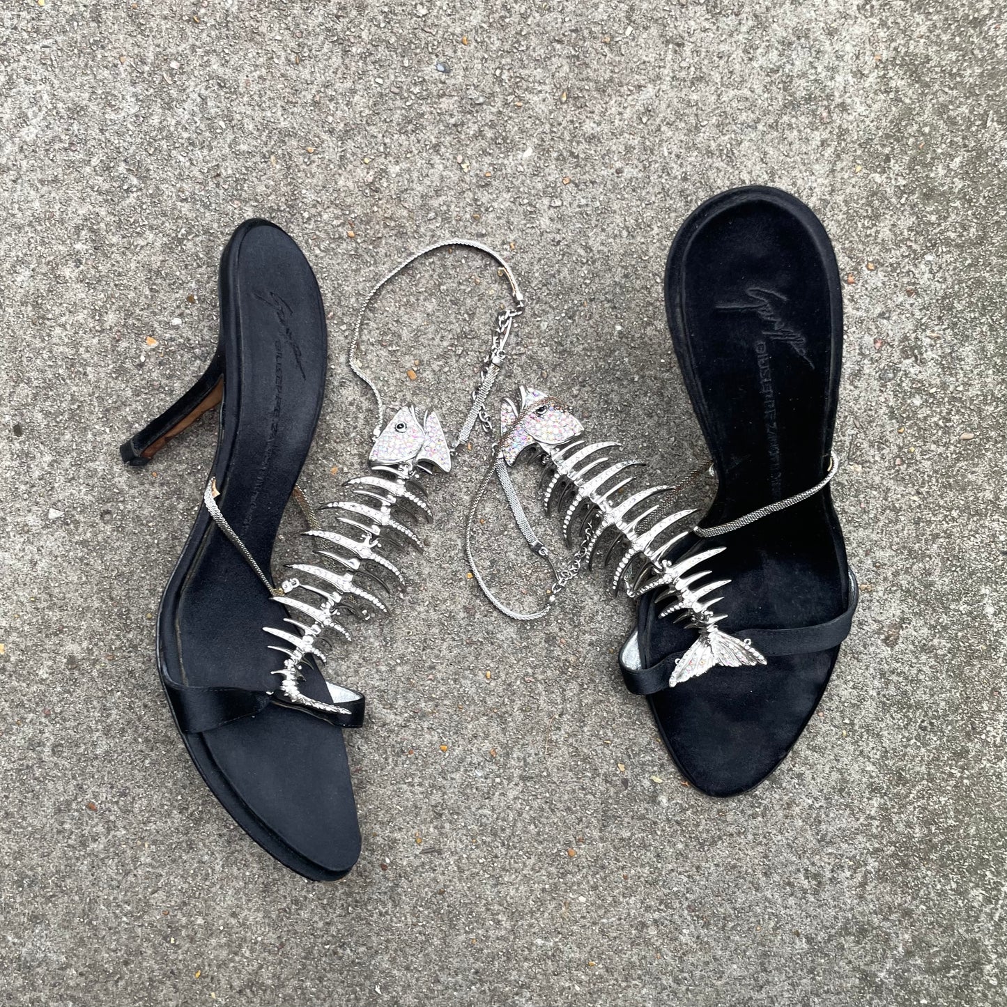 RARE Giuseppe Zanotti Rhinestone Fishbone Black Satin Sandal Heels