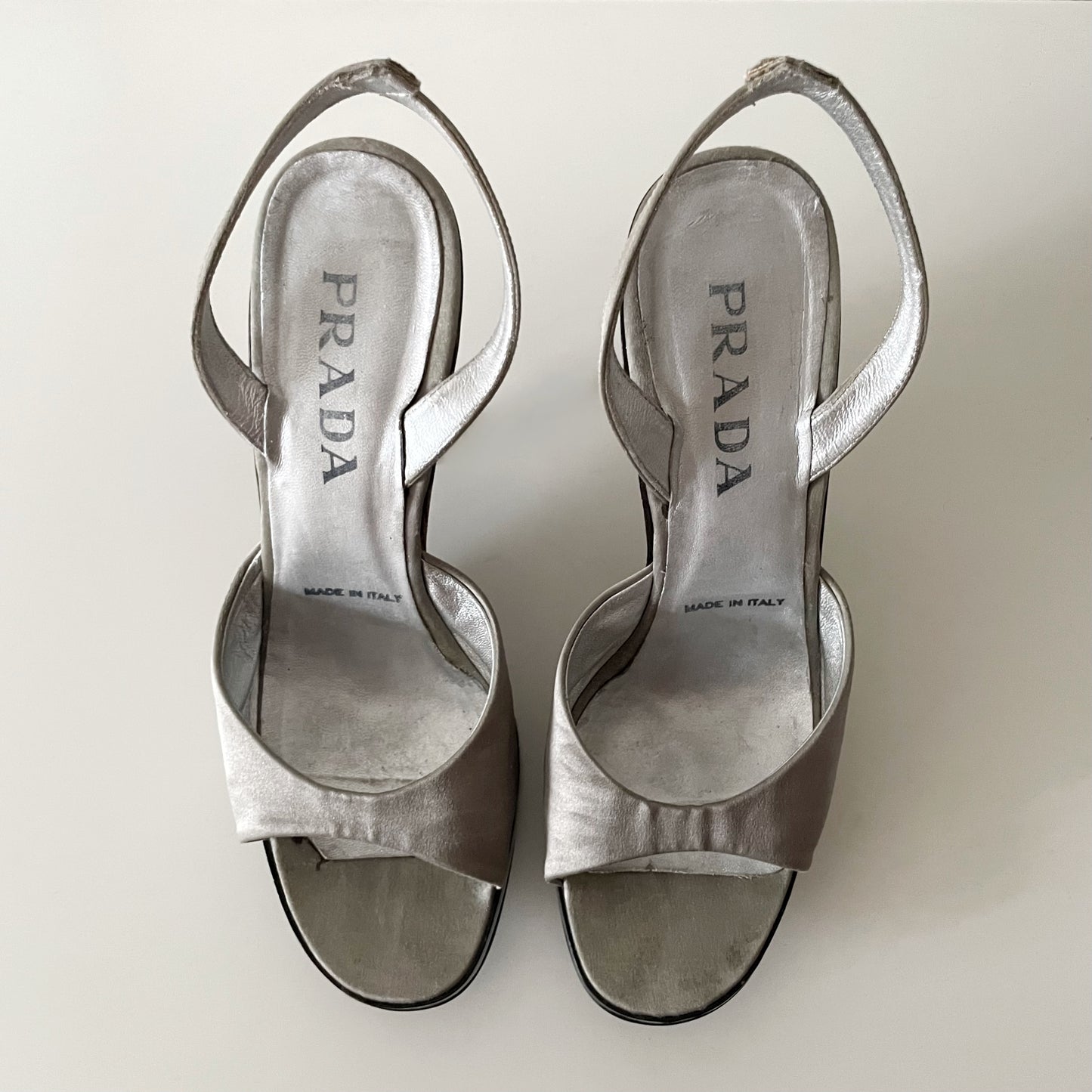Prada S/S 1998 Grey Satin Lucite Plexiglass Slingback Wedge Heels