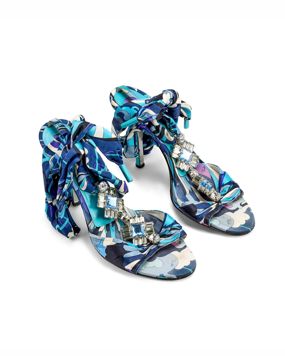 2000s Blue Silk & Silver Abstract Print Jewel Wrap Heels