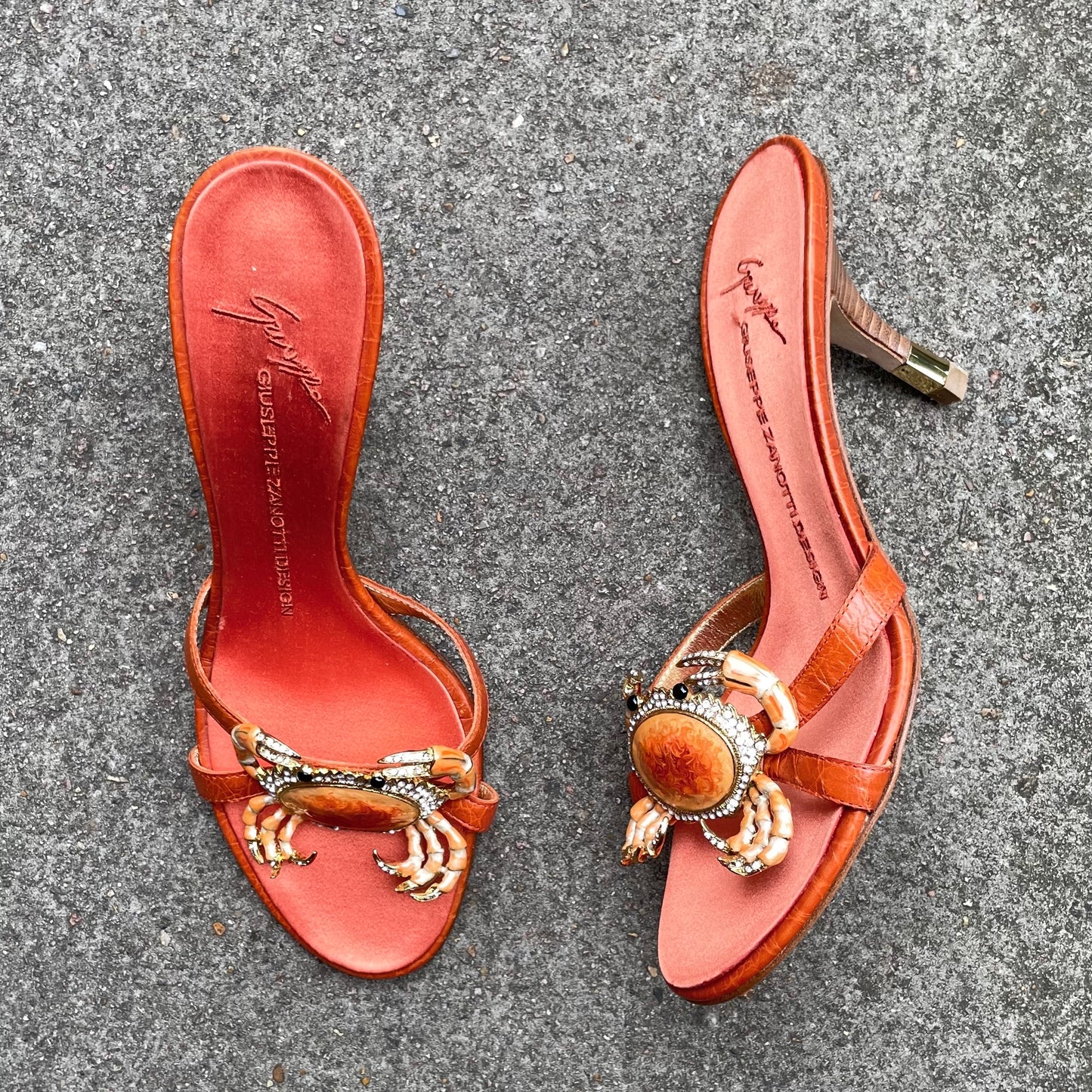 EXTREMELY RARE Giuseppe Zanotti Vintage Crystal Rhinestone Encrusted Orange Crab Sandal Heels