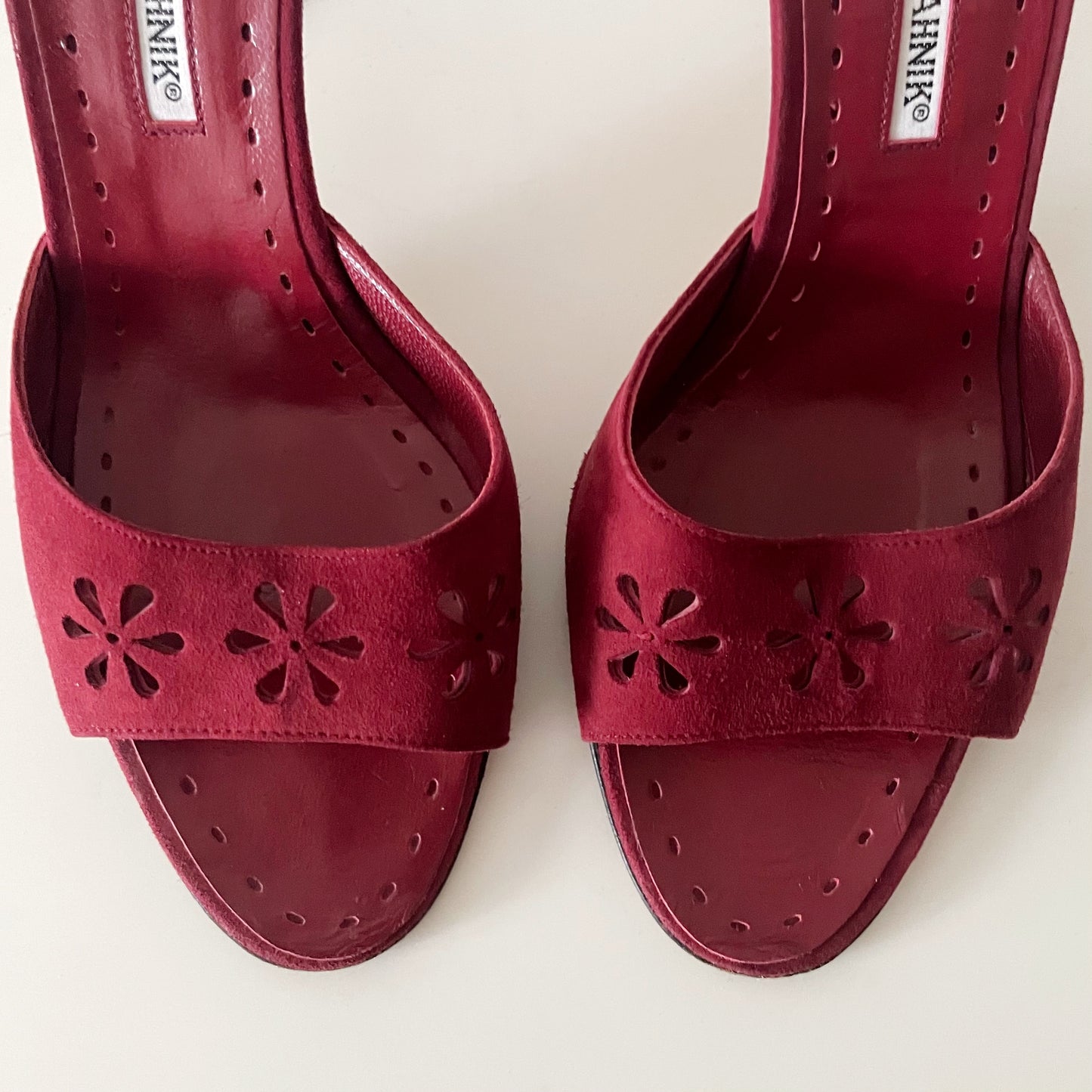 Manolo Blahnik Red Suede Floral Eyelet Laser Cut Sandal Heels