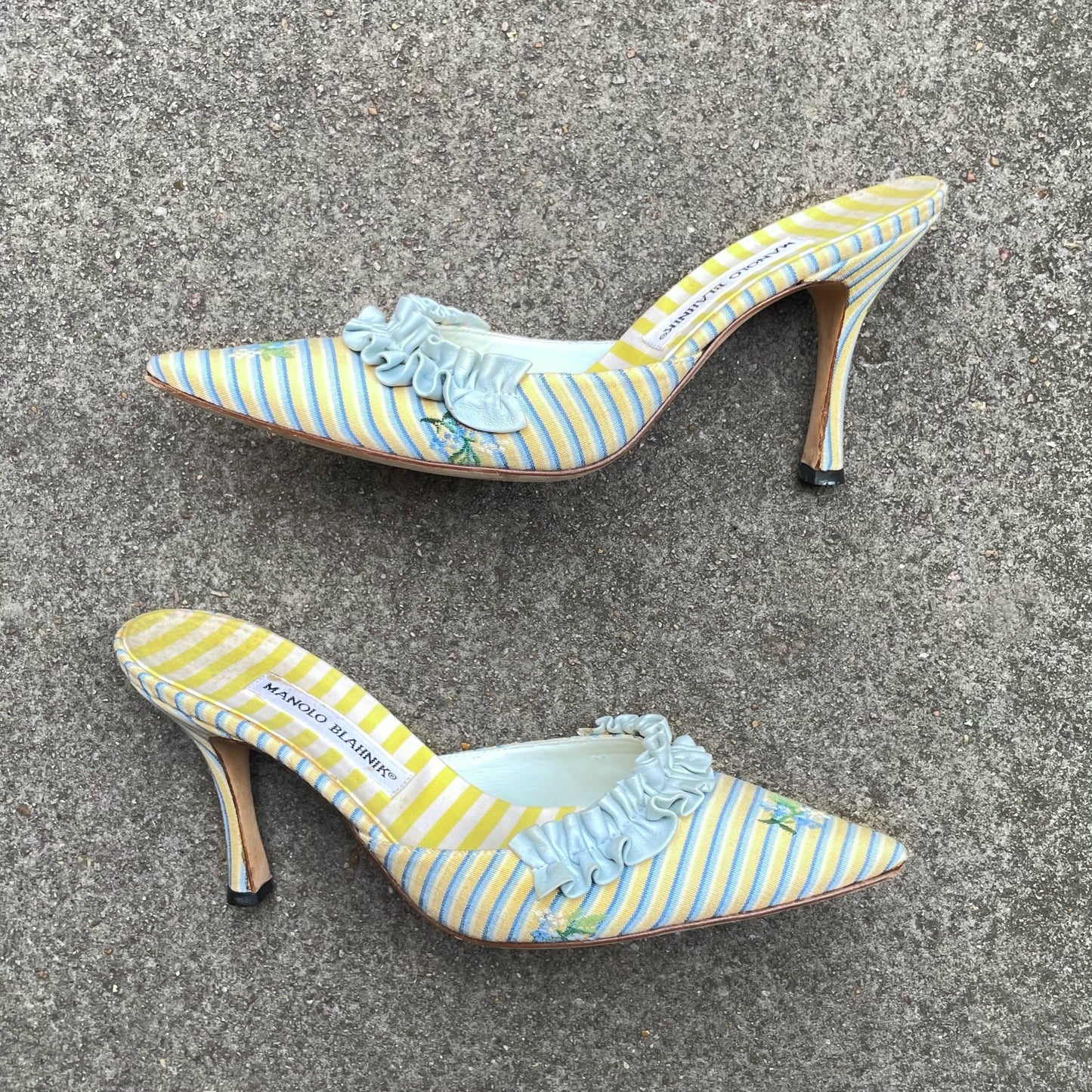 Manolo Blahnik 2000s Marie Antoinette Yellow Blue Ruffle Floral Mule Heels