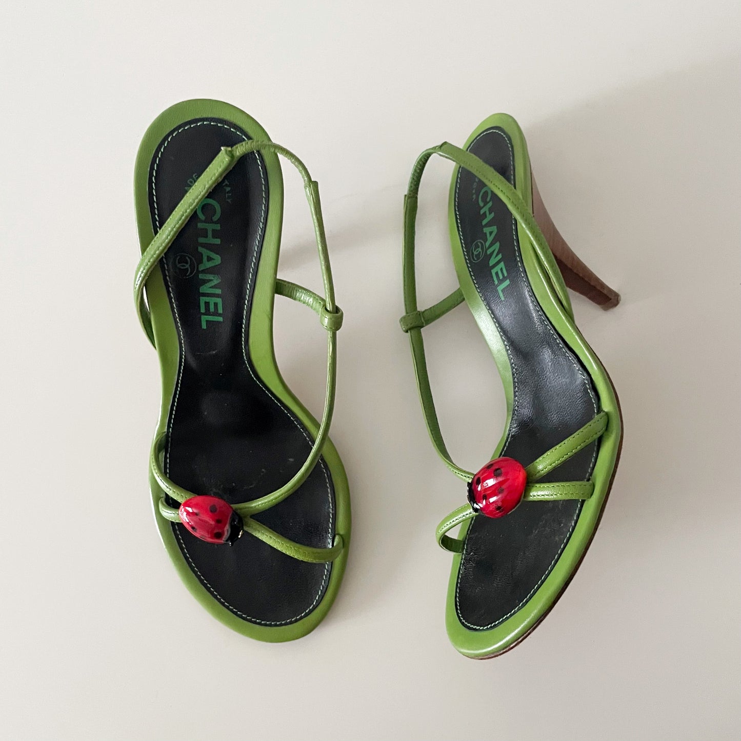 Chanel 2004 Ladybug Green Leather Slingback Heels