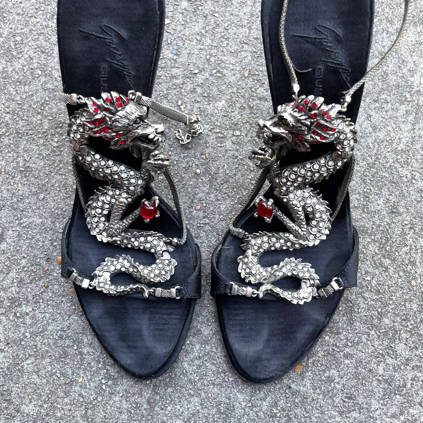 RARE Giuseppe Zanotti Silver & Red Dragon Black Satin Heels