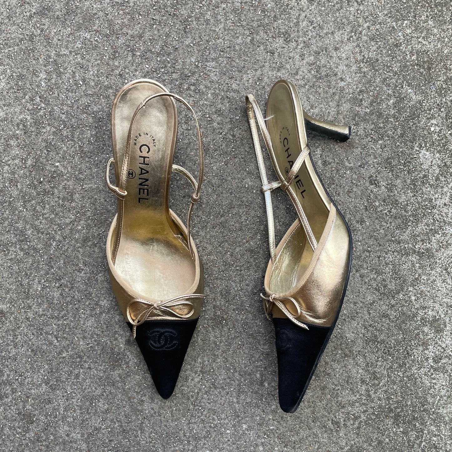 CHANEL ‘CC’ Gold Leather Black Satin Cap Toe Slingback Heels