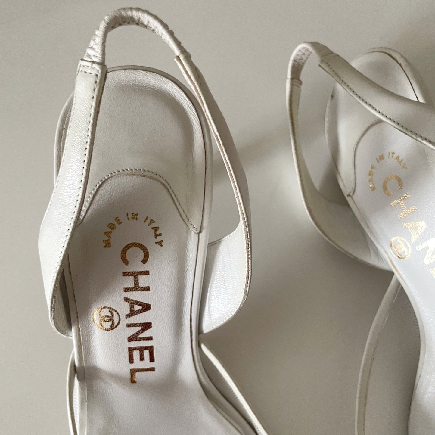 CHANEL “CC” White Mesh Leather Slingback Heels