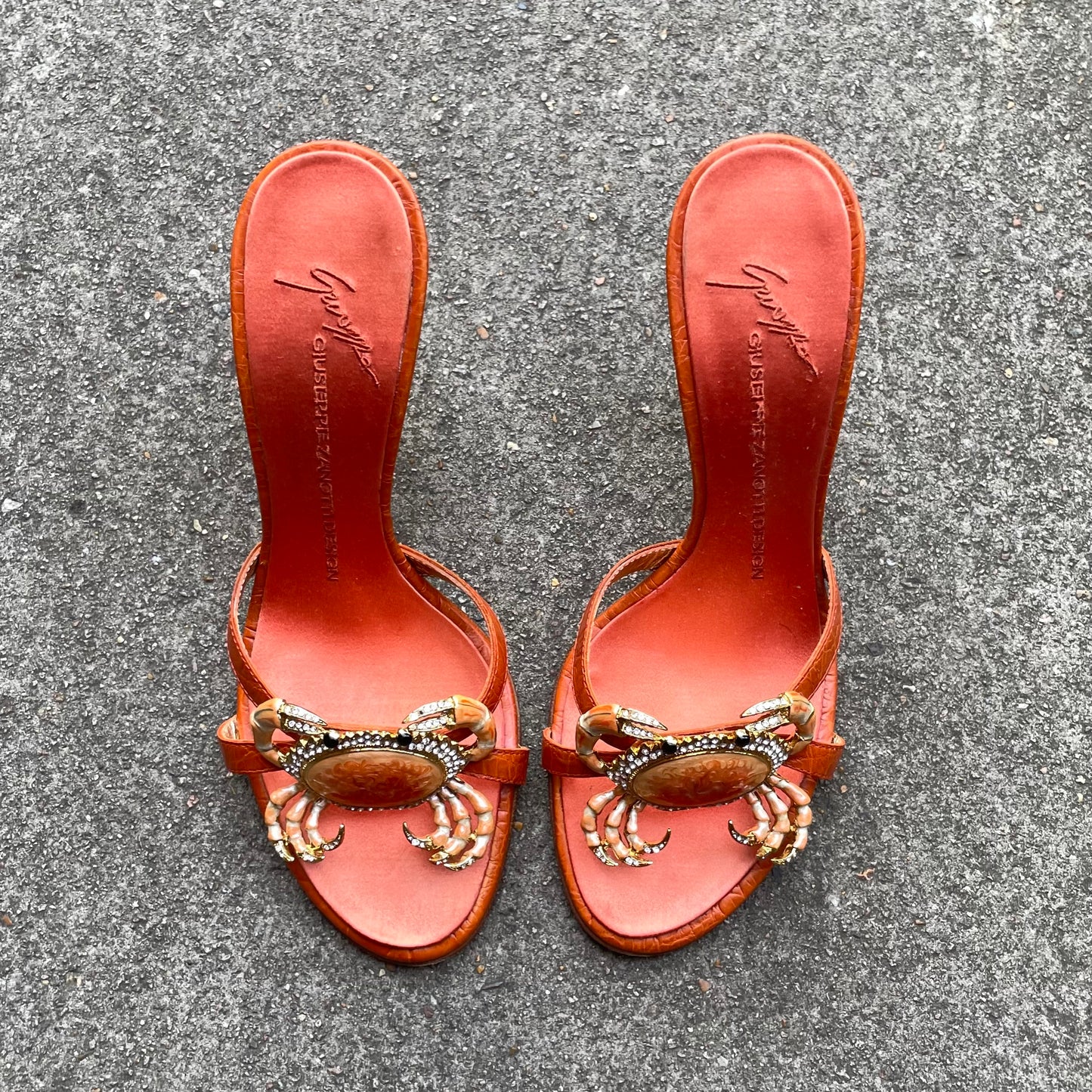 EXTREMELY RARE Giuseppe Zanotti Vintage Crystal Rhinestone Encrusted Orange Crab Sandal Heels