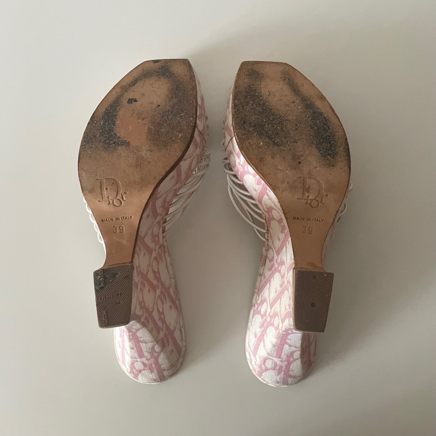 Dior by John Galliano 2003 Pink Monogram Wedge Sandal Heels with Crystal Rhinestone āDā Charm Embellishment