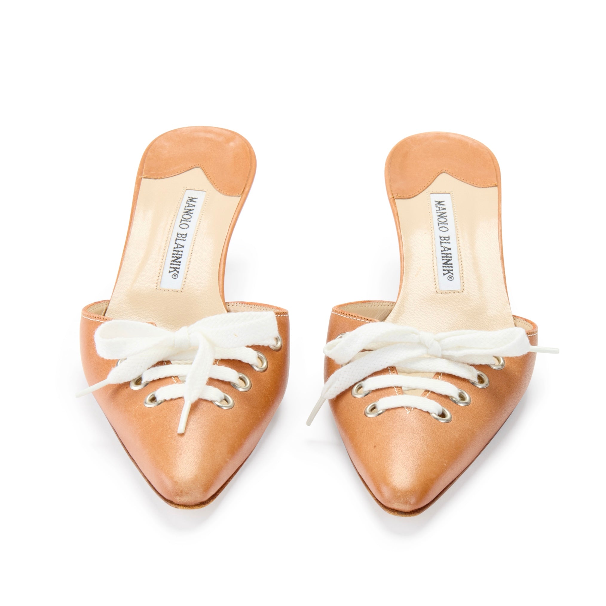 manolo blahnik brown tan leather sneaker lace up baseball football sporty vintage mule heels IT 39 US 9 UK 6