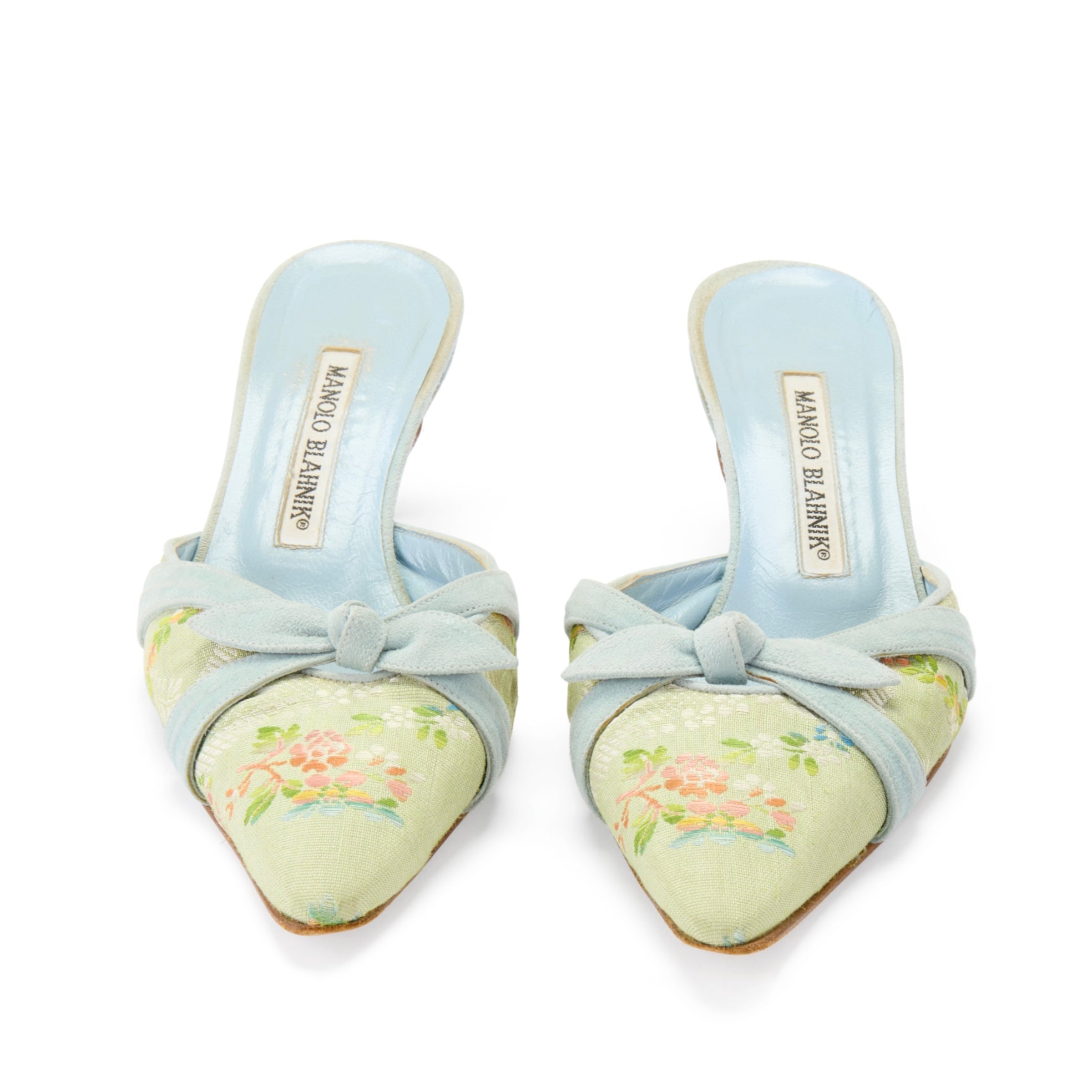 manolo blahnik 2000s vintage blue green floral bow baroque marie antoinette floral mule heels IT 36.5 US 6.5 UK 3.5