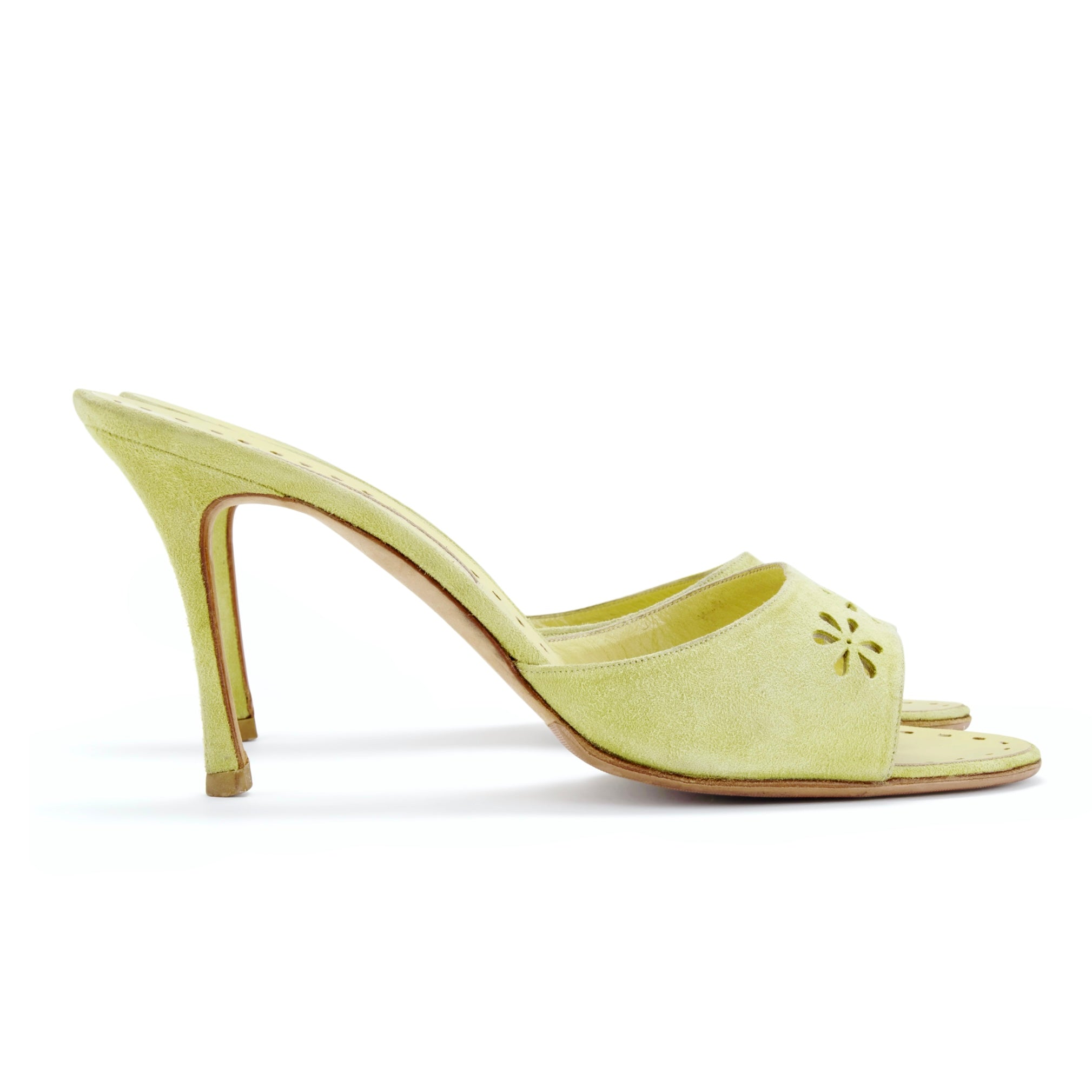 manolo blahnik 2000s vintage eyelet laser cut floral suede khaki green sandal heels IT 41 US 11 UK 8
