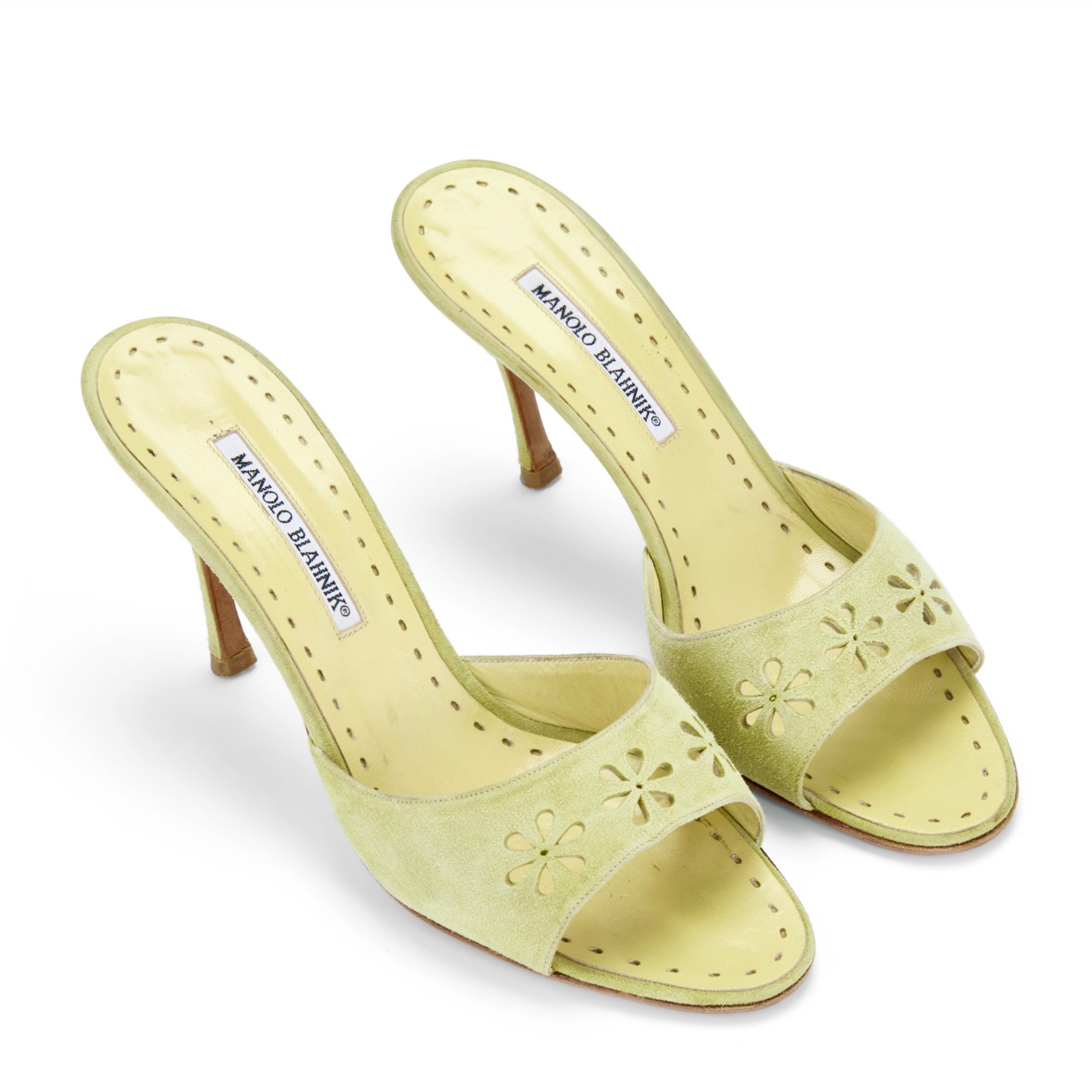 manolo blahnik 2000s vintage eyelet laser cut floral suede khaki green sandal heels IT 41 US 11 UK 8