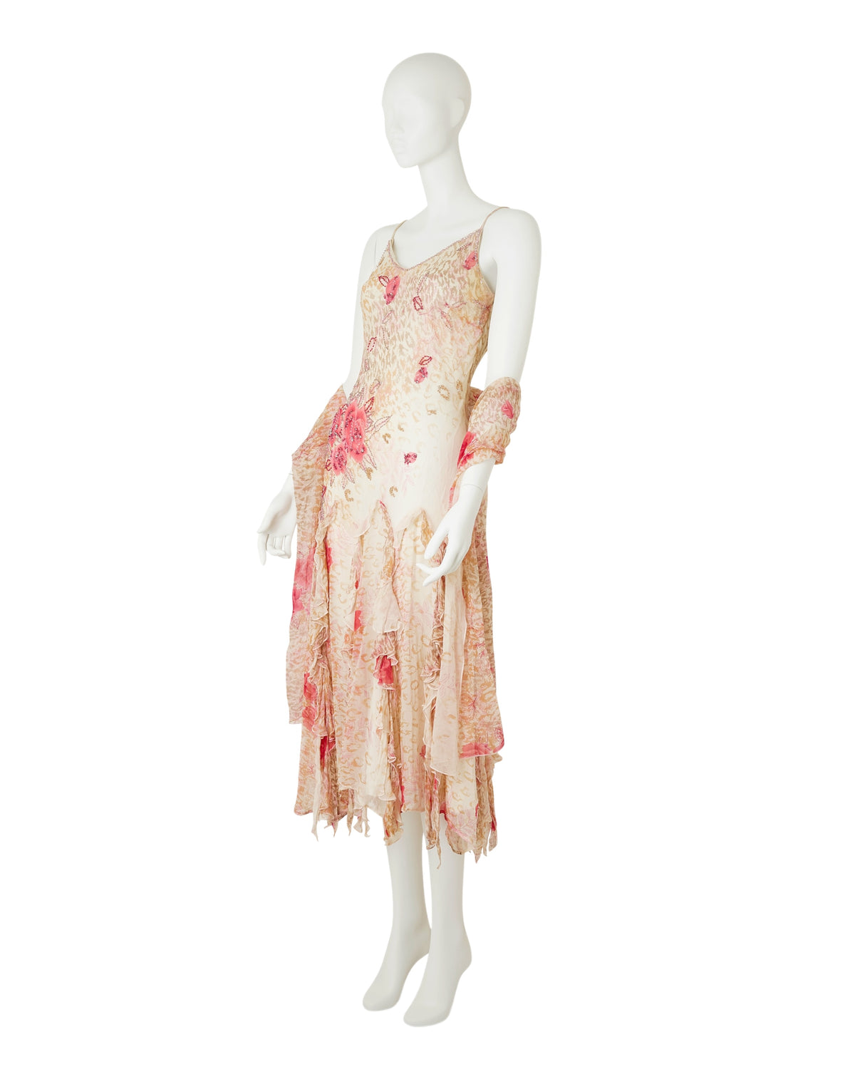 100% Silk Cream Pink Floral Beaded Asymmetrical Dress