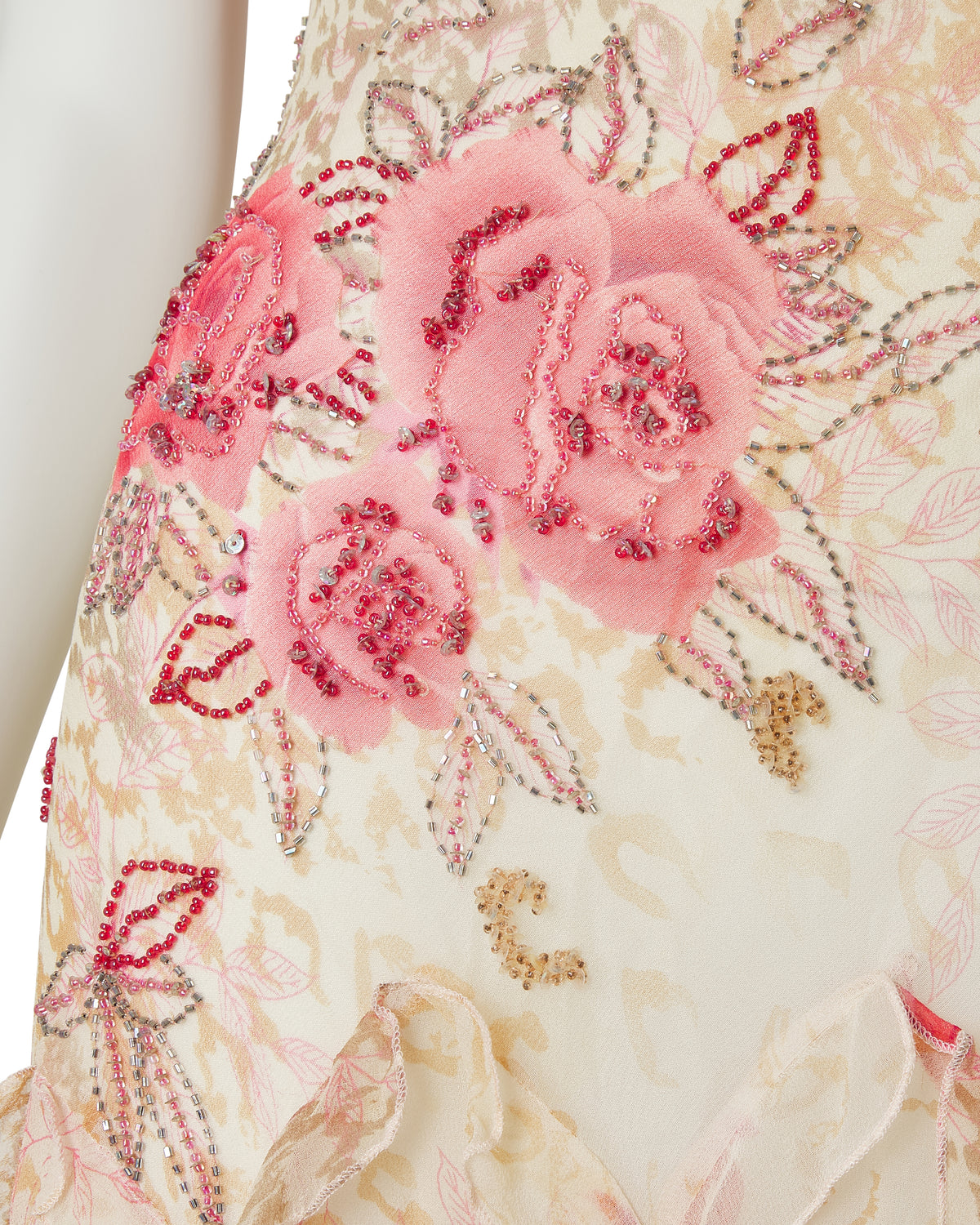 100% Silk Cream Pink Floral Beaded Asymmetrical Dress