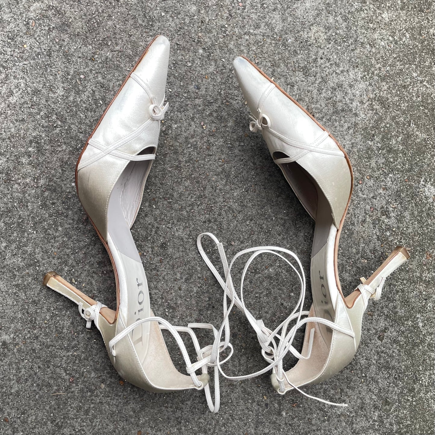 Dior by John Galliano 2000s Ivory Satin Bow Strappy Heels