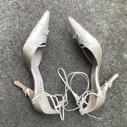Dior by John Galliano 2000s Ivory Satin Bow Strappy Heels