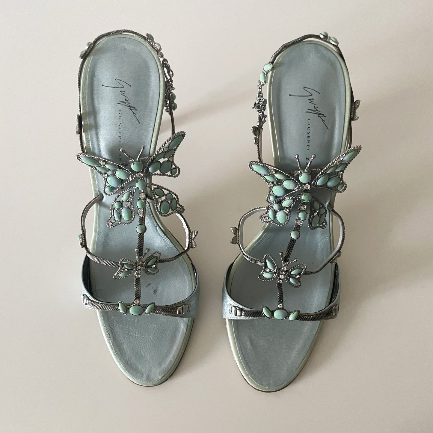 Giuseppe Zanotti S/S 2001 Vintage Blue Stone Butterfly Sandal Heels