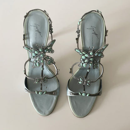 Giuseppe Zanotti S/S 2001 Vintage Blue Stone Butterfly Sandal Heels