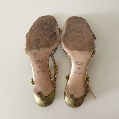 Miu Miu 2000s Floral Gold Leather T-Strap Sandal Heels