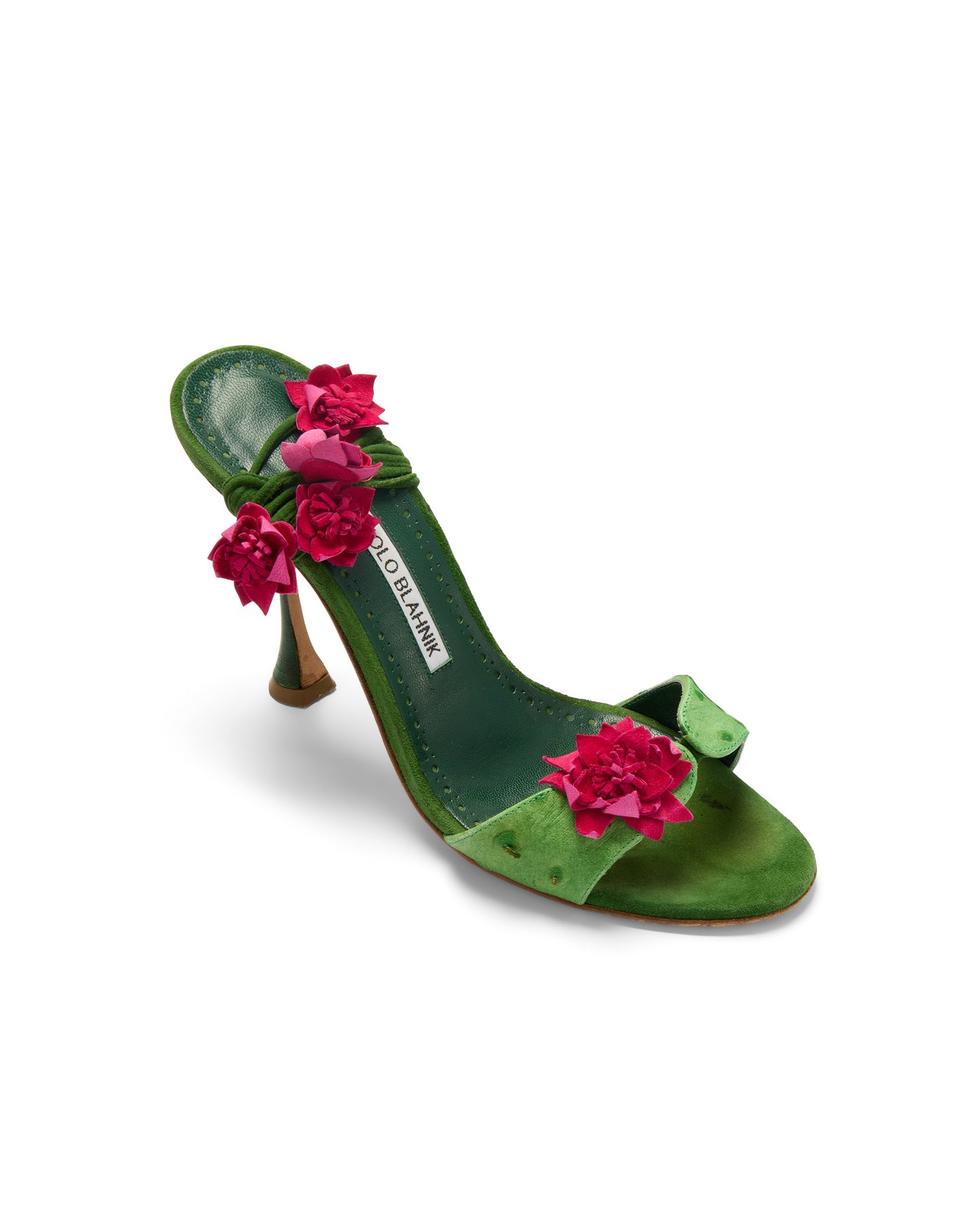 Manolo Blahnik Green Cactus Floral Embellished Wrap Heels