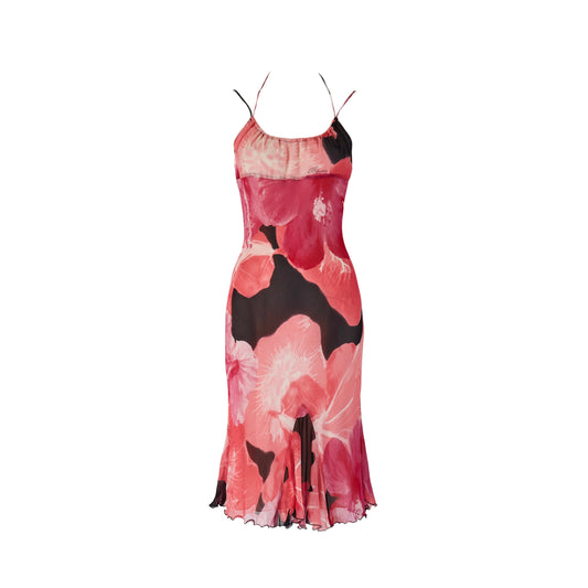 Blumarine S/S 2002 Pink & Black Hibiscus Floral Silk Dress