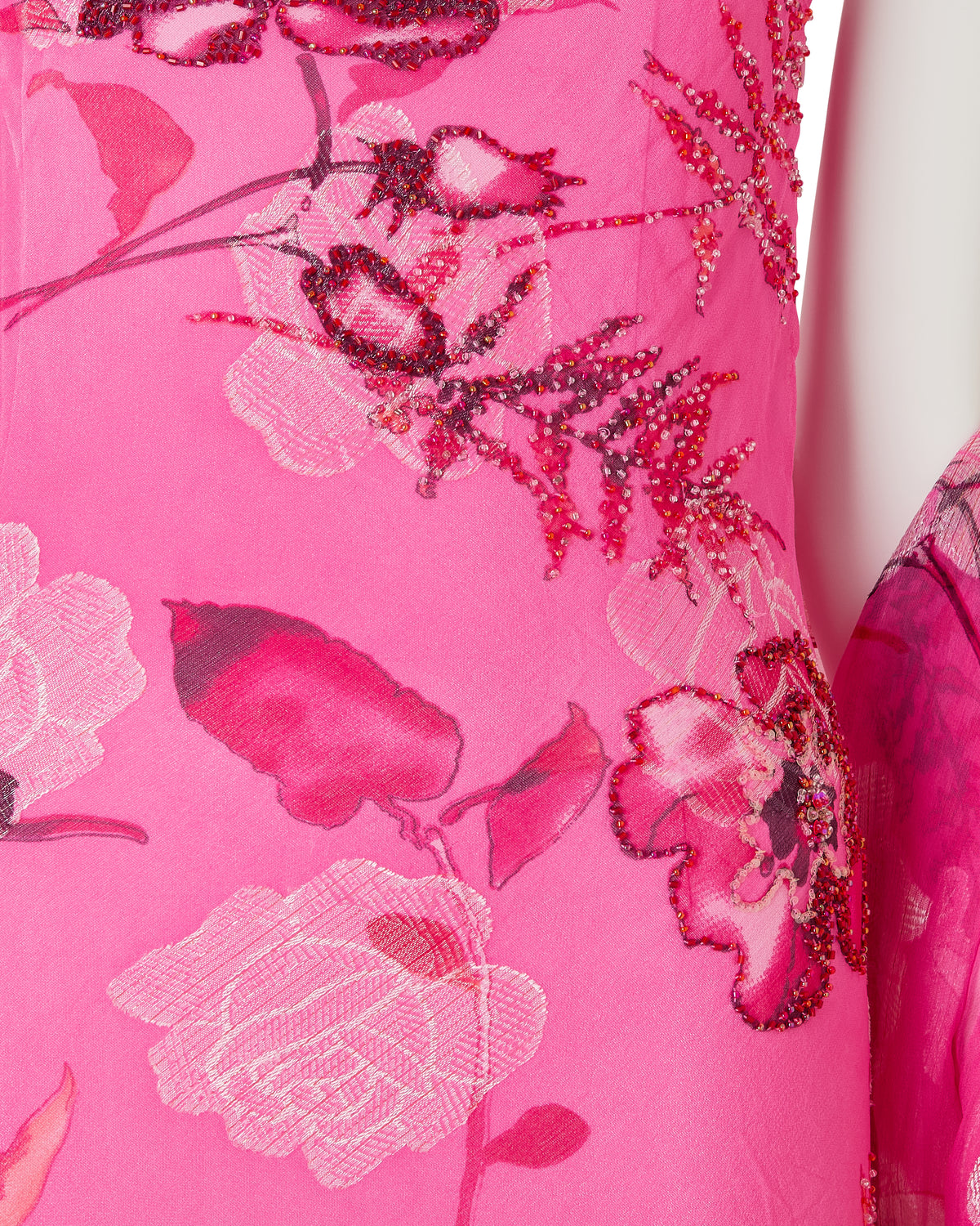 100% Silk Barbie Pink Floral Beaded Asymmetrical Dress