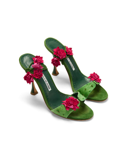 Manolo Blahnik Green Cactus Floral Embellished Wrap Heels