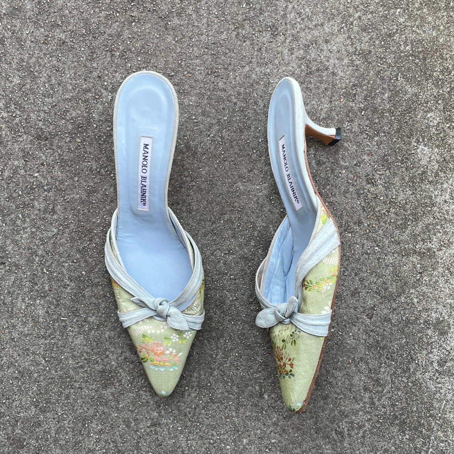 Manolo Blahnik 2000s Floral Canvas Bow Mules