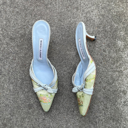 Manolo Blahnik 2000s Floral Canvas Bow Mules