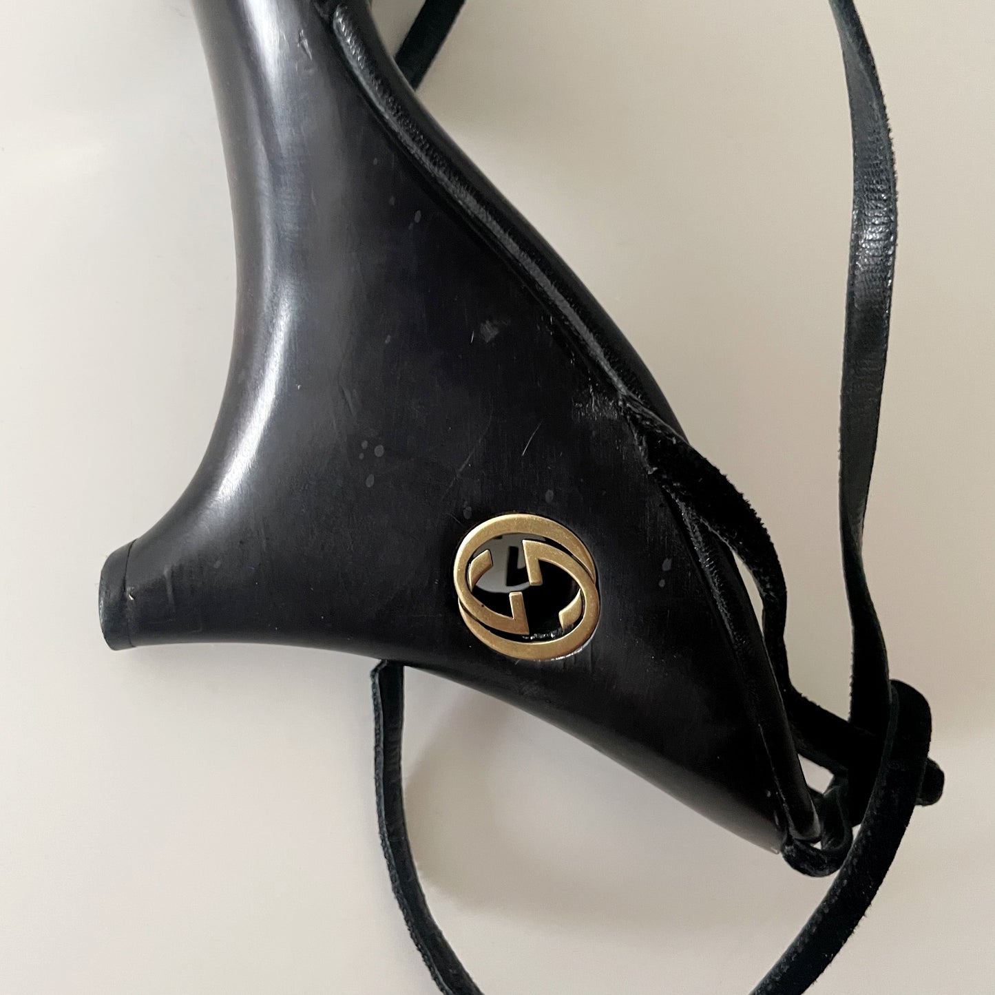 Gucci by Tom Ford 1996 “GG” Black Wood & Velvet Wedge Heels