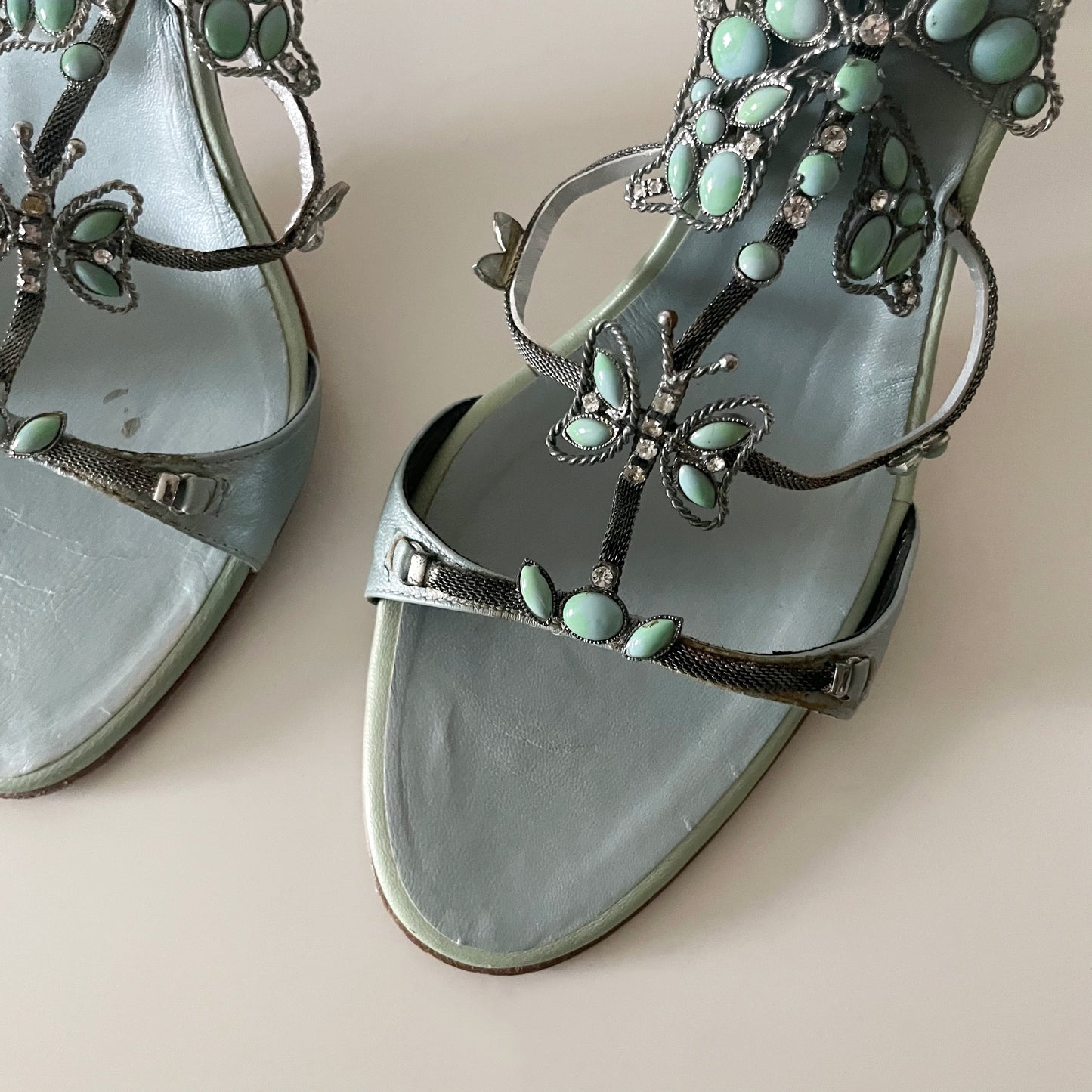 Giuseppe Zanotti S/S 2001 Vintage Blue Stone Butterfly Sandal Heels