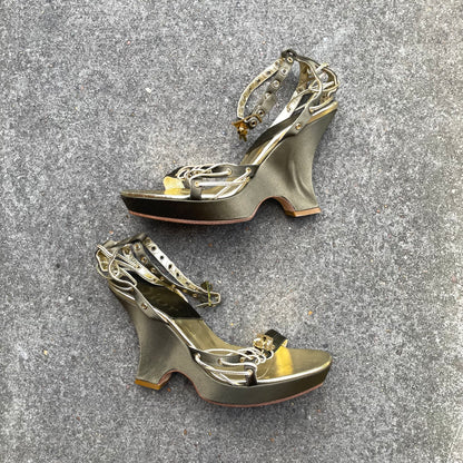 Dior by John Galliano S/S 2003 Khaki Green Padlock & Key Razor Blade Satin Wedge Heels