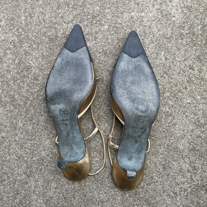 CHANEL ‘CC’ Gold Leather Black Satin Cap Toe Slingback Heels