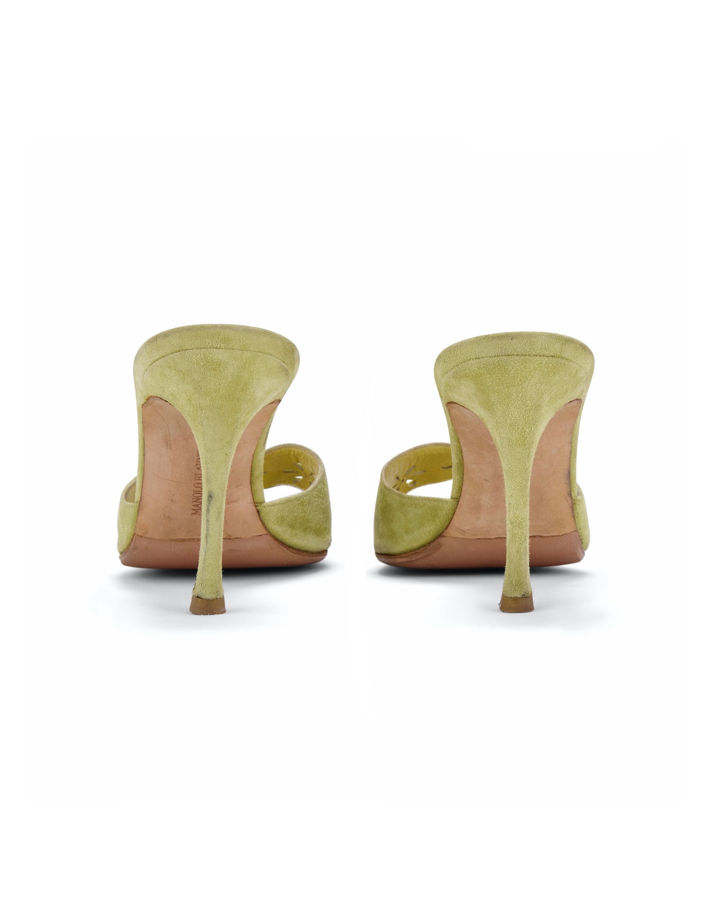 Manolo Blahnik Green Floral Eyelet Laser Cut Suede Heels