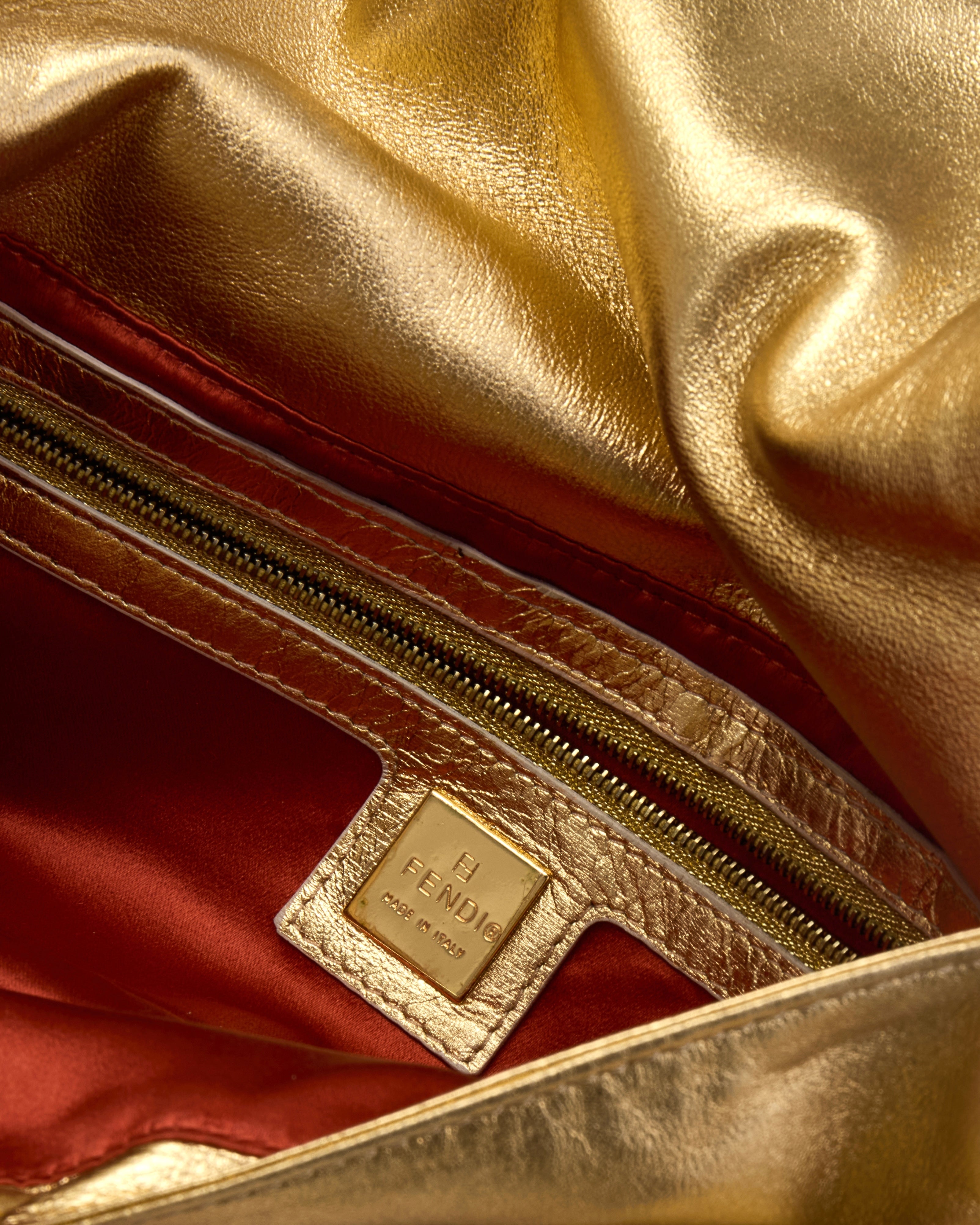 2000 Gold Leather Rhinestone Baguette Bag