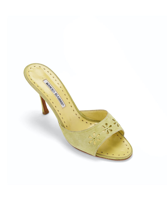 Manolo Blahnik Green Floral Eyelet Laser Cut Suede Heels
