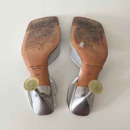 Miu Miu 1999 Metallic Silver Mesh Floral Daisy Slingback Heels