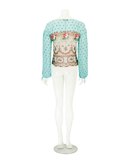 Blumarine S/S 2005 Blue Floral Sequin Silk Blouse