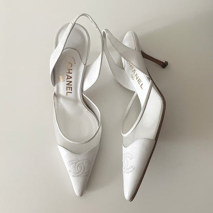 Chanel “CC” White Leather Slingback Heels