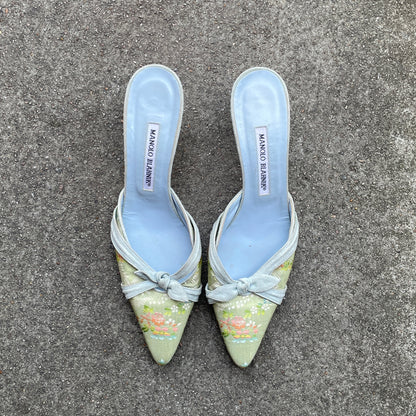 Manolo Blahnik 2000s Floral Canvas Bow Mules