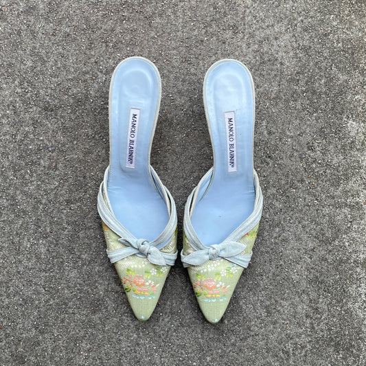 Manolo Blahnik 2000s Floral Canvas Bow Mules