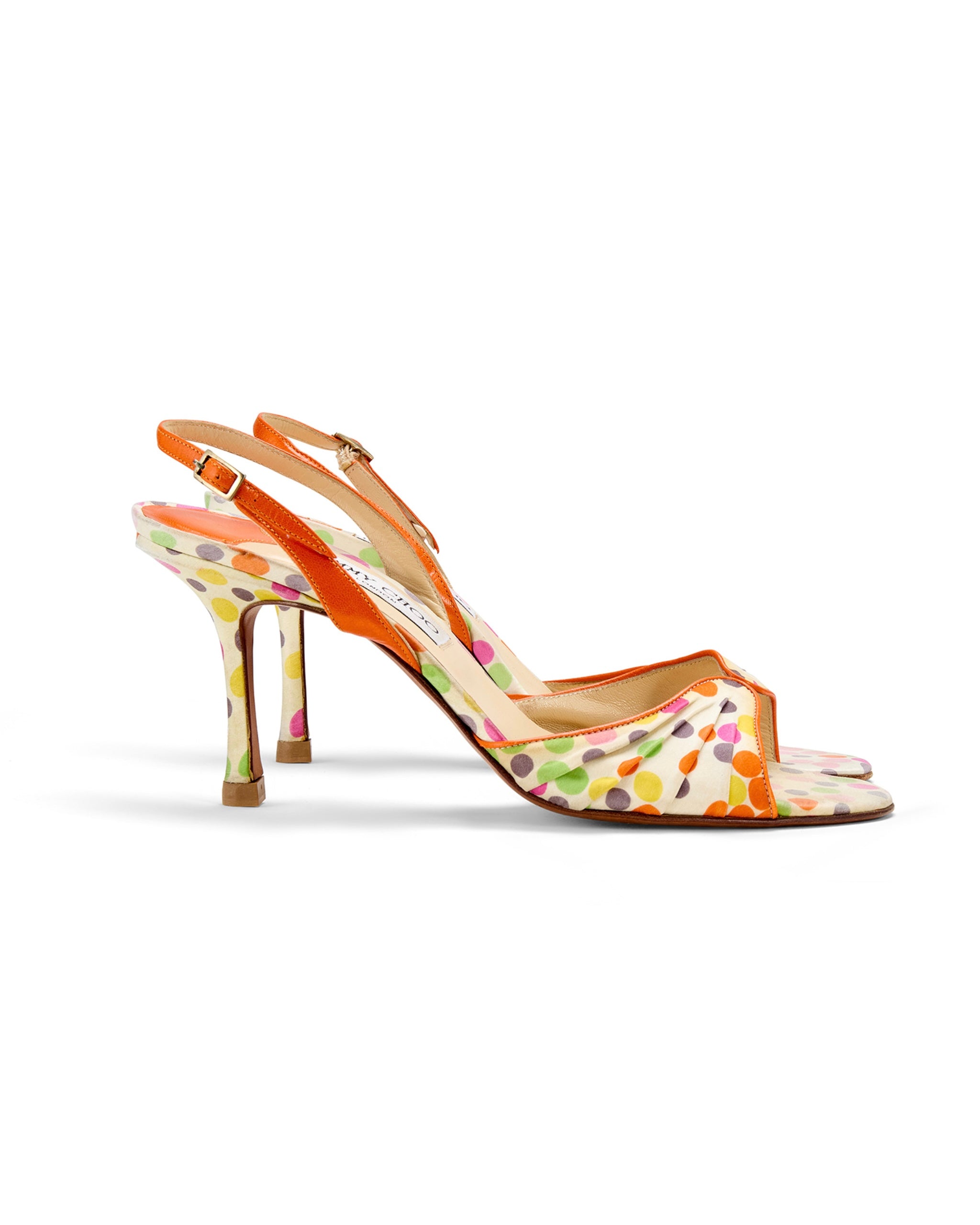 2000s Orange Polkadot Silk Slingback Heels