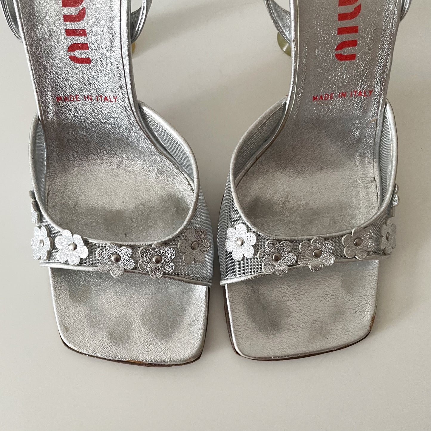 Miu Miu 1999 Metallic Silver Mesh Floral Daisy Slingback Heels