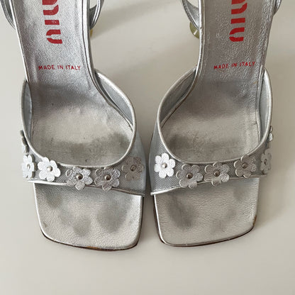 Miu Miu 1999 Metallic Silver Mesh Floral Daisy Slingback Heels