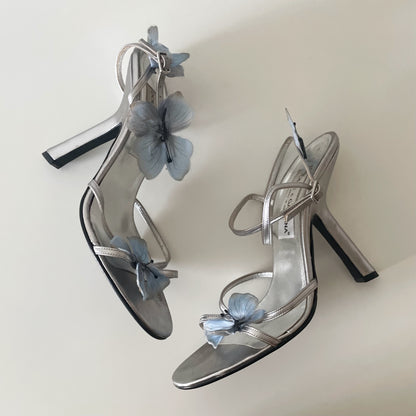 Dolce & Gabbana S/S 1998 Silver & Blue Butterfly Ankle Strap Sandal Heels